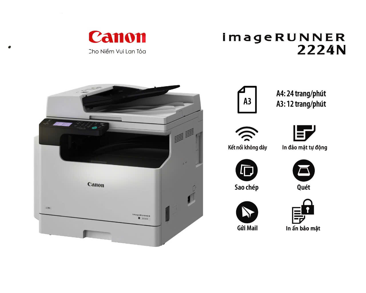 Máy photocopy Canon IR2224N (Print + Copy + Scan 2 mặt và Send,  USB,  Lan,  Wifi)